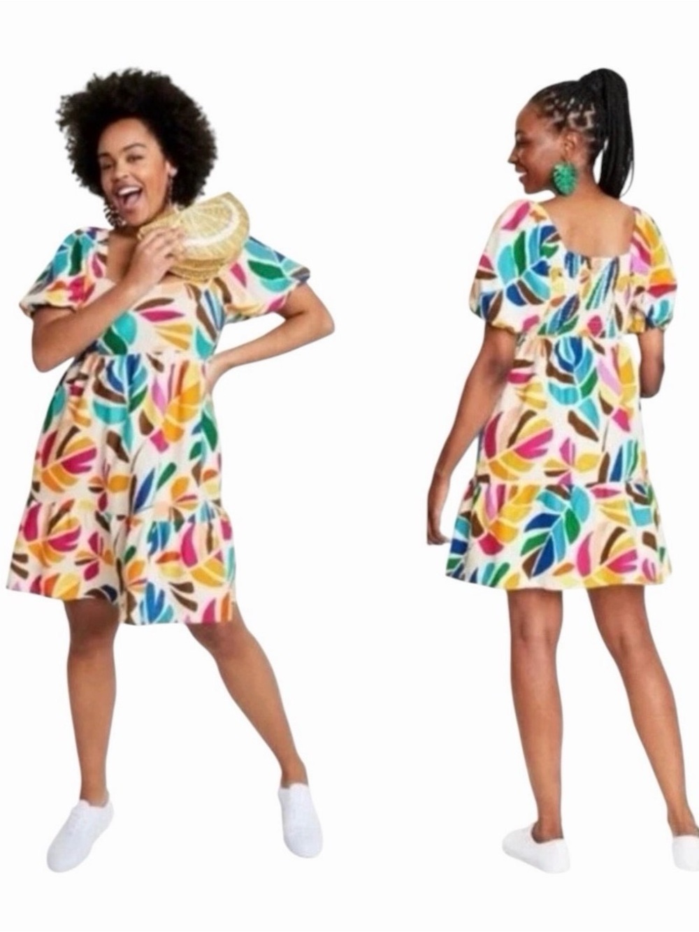 Tabitha Brown x Target 🌴 Botanical Print Puff Sleeve Mini Dress 🌺 M Linen Blend